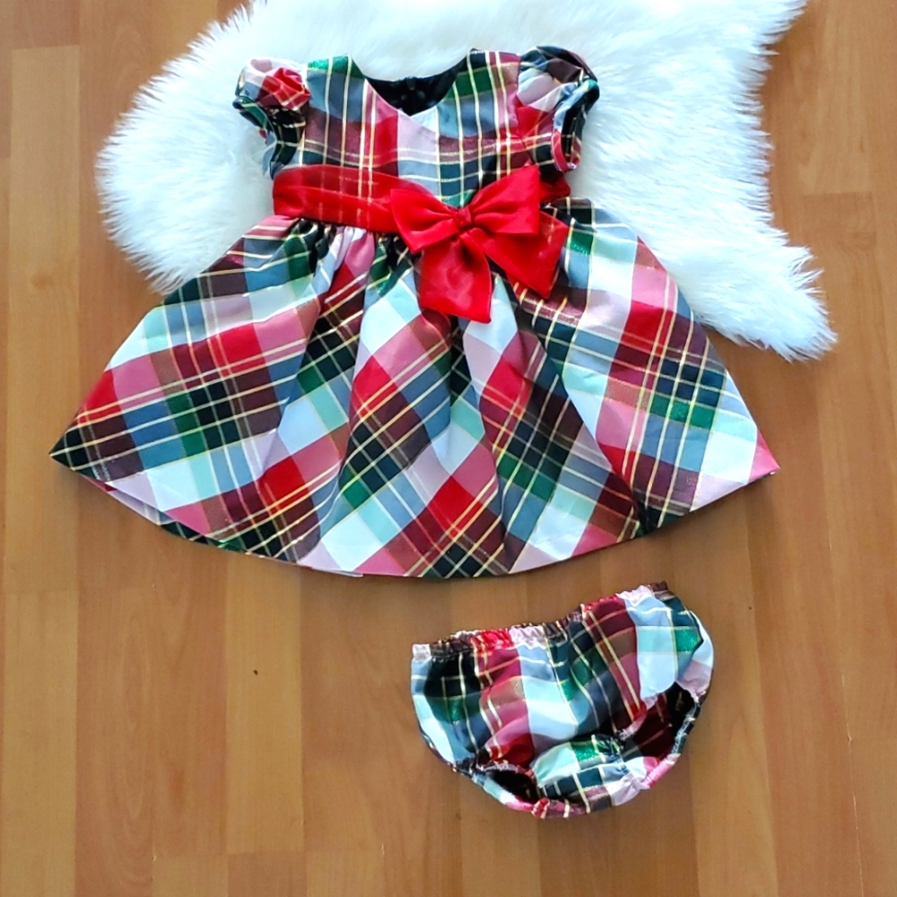EUC Bonnie Baby plaid holiday christmas dress 18 Months